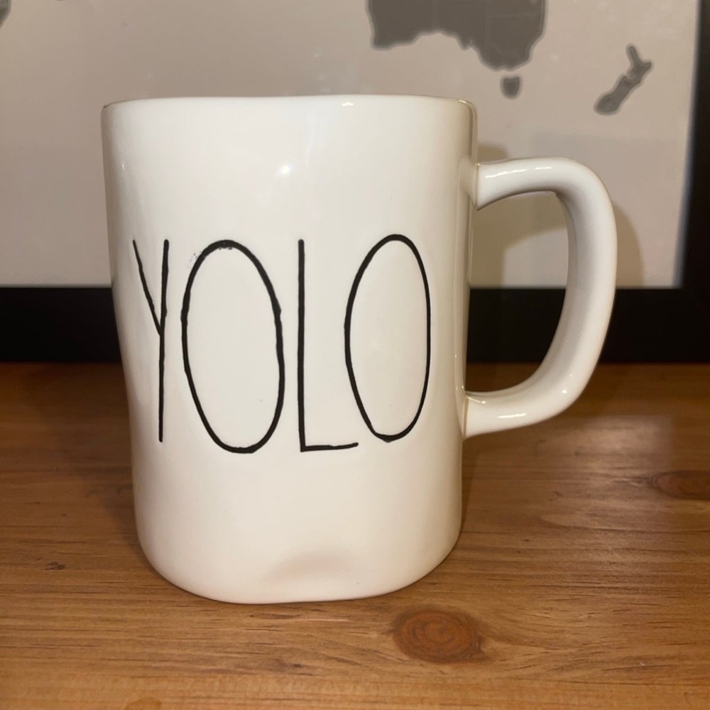 Rae Dunn m stamped yolo mug